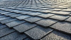 Homeowner inspecting roof shingles and cleared gutters after storm preparation.